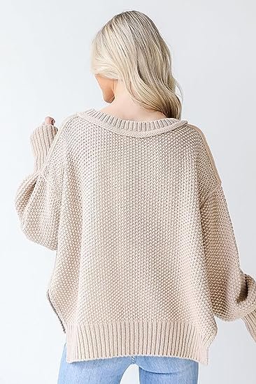Women's Oversized Casual Batwing Long Sleeve Crew Neck Chunky Rib Knit Pullover Solid Color Sweater Top Side Slits