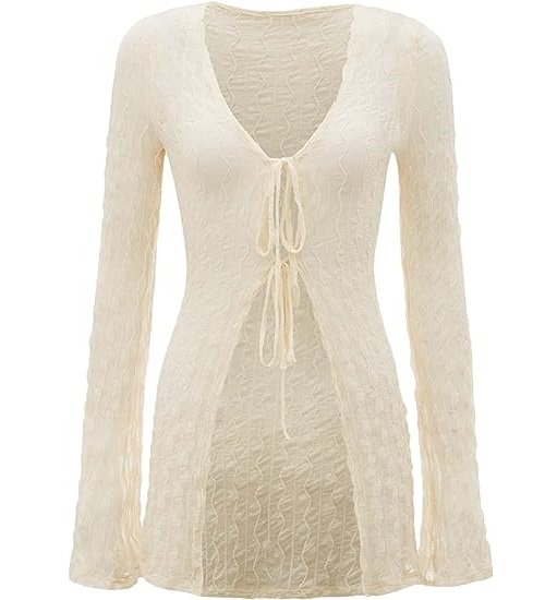 Women's Top Bell Long Sleeve Tie Front Textured Sheer  Cardigan
