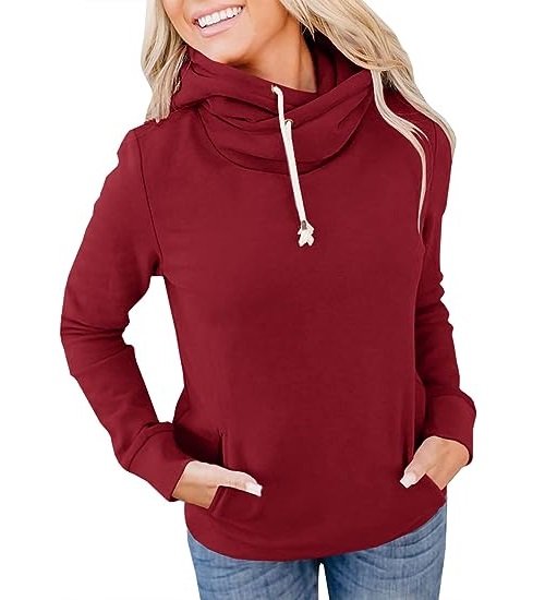Women's Cowl Neck Hoodie Thermal Hooded Sweatshirts Loose Fit Fall Tops with Pockets