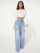 Women's Cut Out Ripped High Waist Wide Leg Jeans Loose Denim Pants