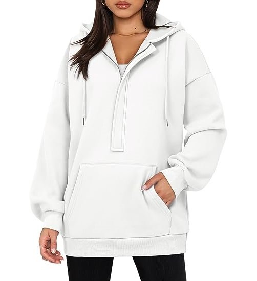 Womens Oversize Hoodies Basic Solid Sweatshirts Long Sleeve Pullover Tops Zip Collar with Kangaroo Pockets