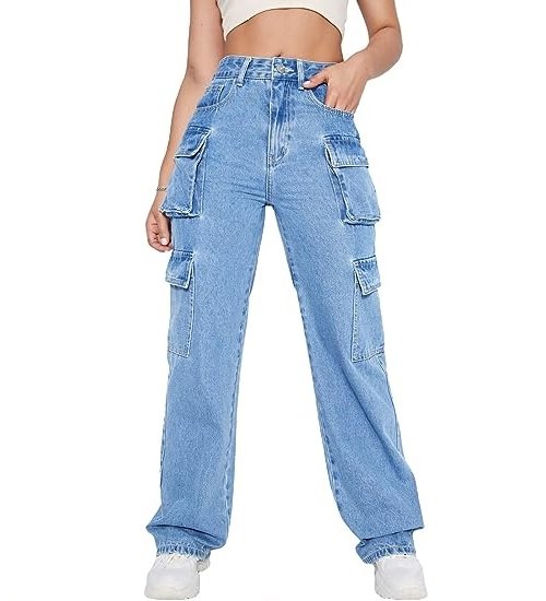 Women's High Waist Cargo Jeans Flap Pocket Straight Leg Denim Pants