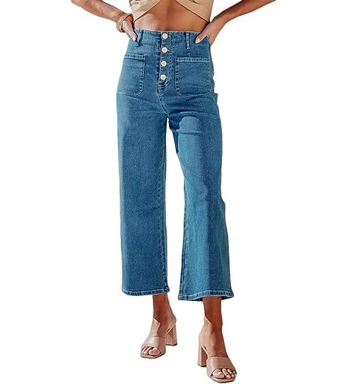 Women's Wide Leg Jeans High Waist Stretch Straight Jeans Button Down Loose Jeans with Pockets